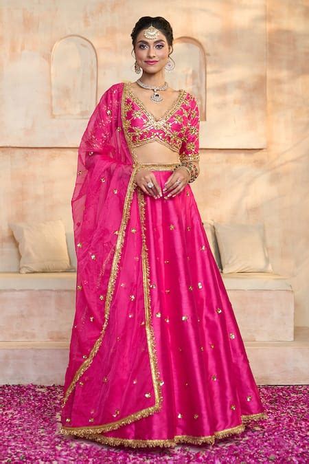 Buy Fuchsia Blouse And Lehenga Dupion Embroidered Gota Floral Sequin