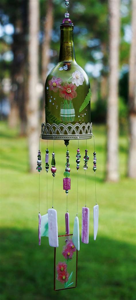 Embellished Wine Bottle Wind Chime Bouquet One Of A Kind Stained Glass Chime Beautiful