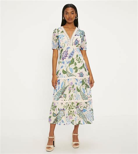 Buy Oasis Lace Trim Dobby Chiffon Floral Print Midi Dress In White