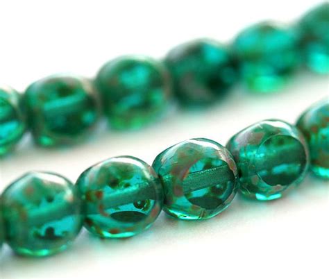 6mm Teal Green Czech Glass Beads Picasso Finish Fire Polished Round