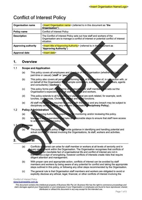 Conflict Of Interest Policy Template Business Kitz