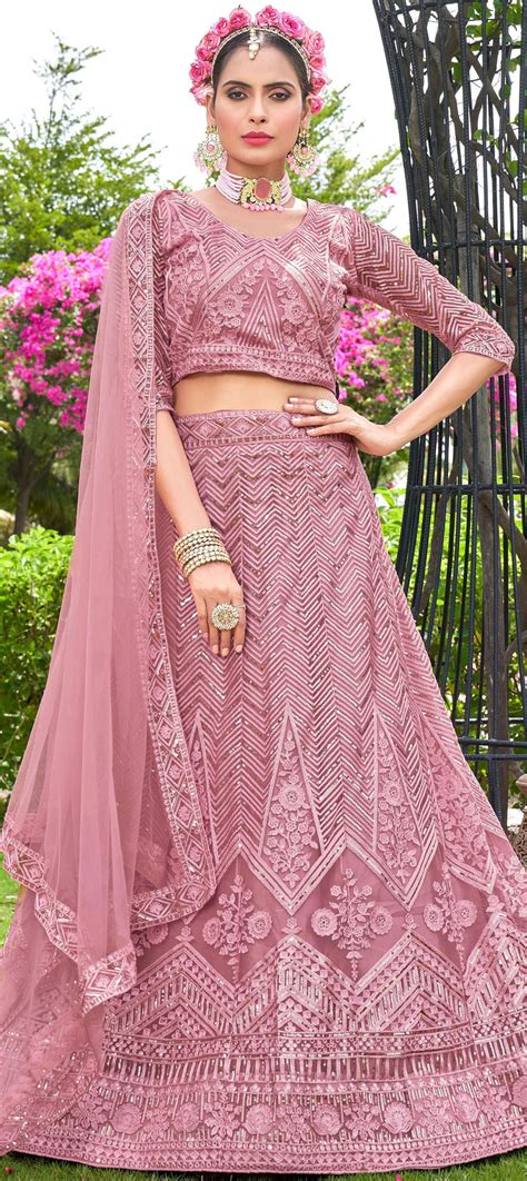 Bridal Festive Wedding Pink And Majenta Color Net Fabric Lehenga