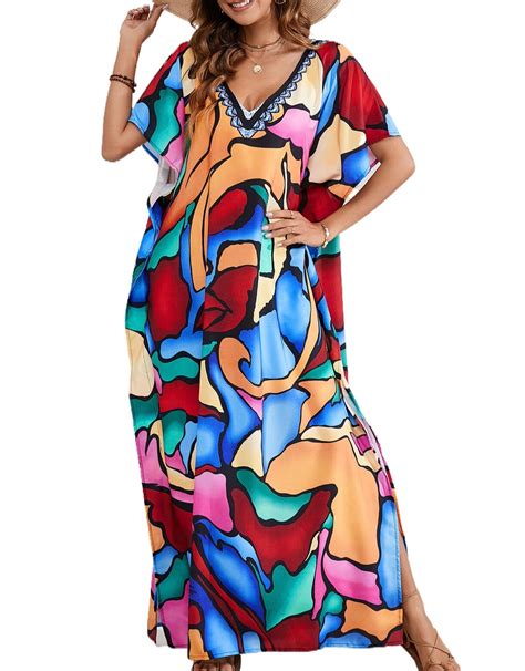 Cogild Women Swimsuit Cover Ups Ethnic 12 Elbow Sleeve V Neck Plus Size Beach Kaftan Dresses