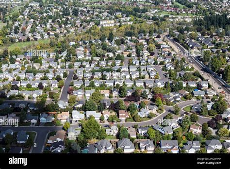 Aerial view of suburban homes, houses and streets near Portland, Oregon ...