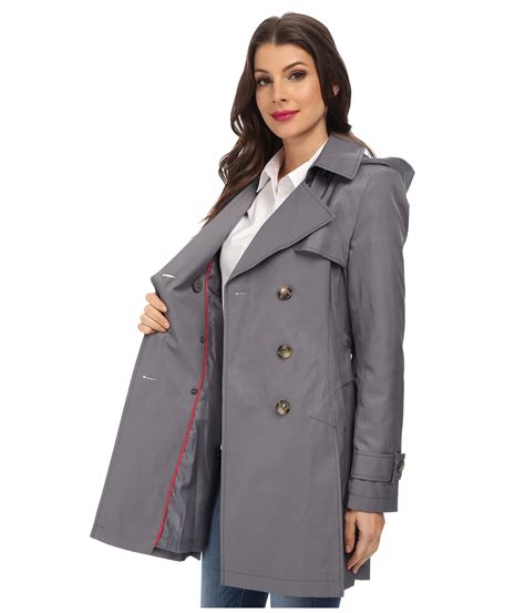 Dkny Double Breasted Short Hooded Trench Coat In Gray Lyst