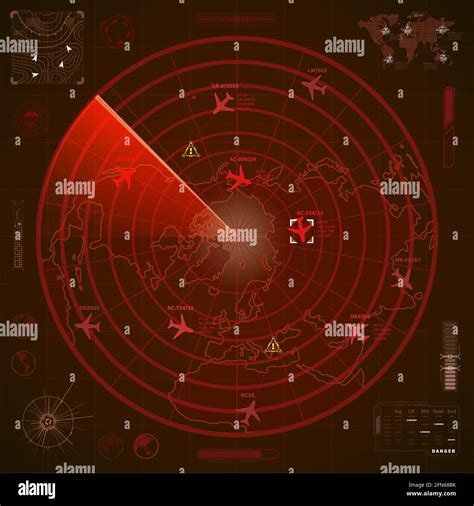 Abstract Military Red Radar Display With With Planes Traces And Target