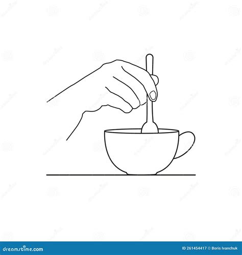 Illustration In Outline Style Coffee Cup Hand Stirs Tea Or Coffee With