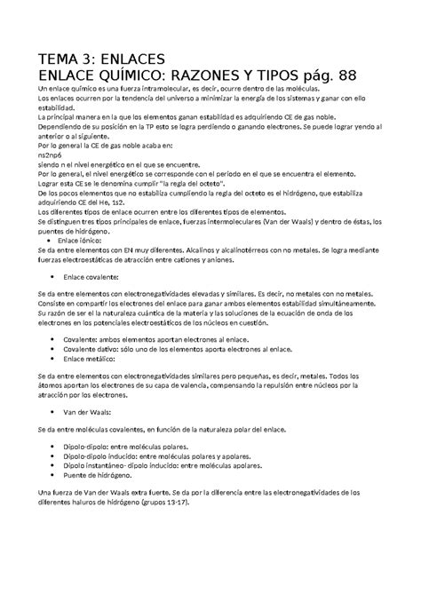 Tema 3 Enlaces Apuntes Quimica Tema 3 Enlaces Enlace QuÍmico Razones Y Tipos Pág 88 Un