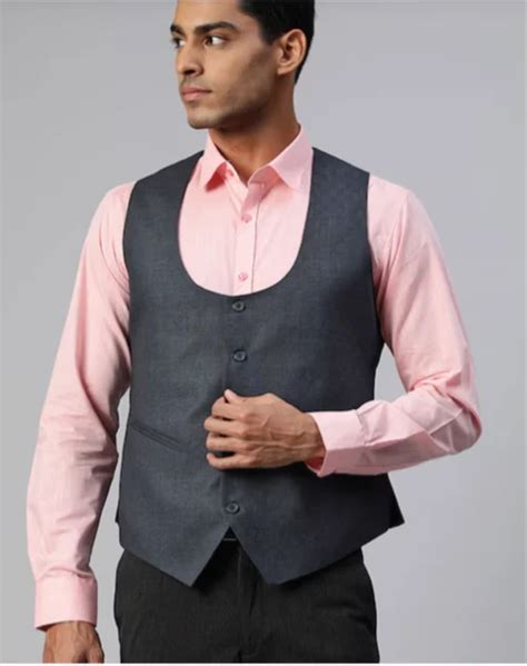 Size Men Navy Blue Checked Slim Fit Formal Waistcoat Cotton At Rs