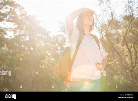 Pretty Brunette Hiker Looking For Path Stock Photo Alamy