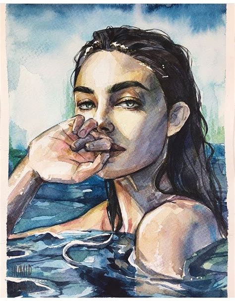 A Watercolor Painting Of A Woman In A Hot Tub With Her Hand On Her Mouth