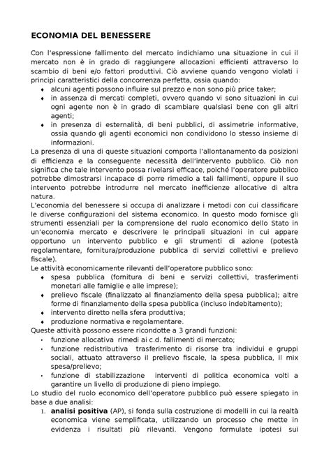 Economia Del Benessere Sintesi Del Corso Di Economia Politica Docsity