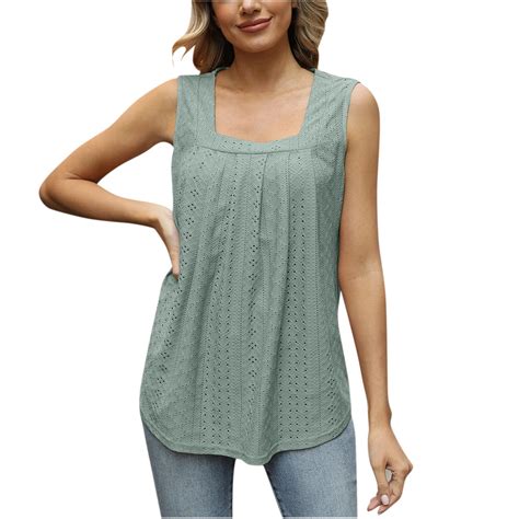 Wxlwzywl Women Tank Tops Loose Square Neck Sleeveless Tops Casual Pleated Eyelet Flowy Cami