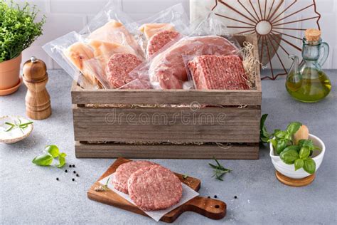 Meat Delivery Box, Variety of Meat Chops and Packages in a Wooden Crate ...