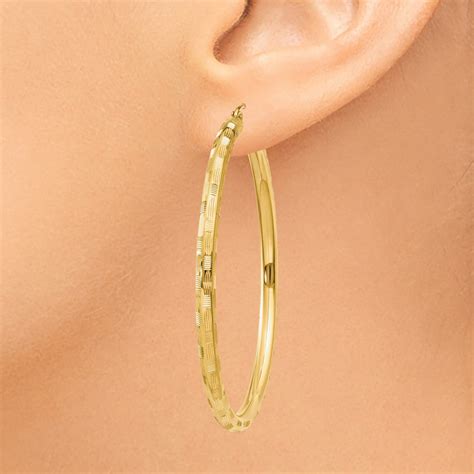 3mm X 50mm 14k Yellow Gold Textured Round Hoop Earrings The Black Bow