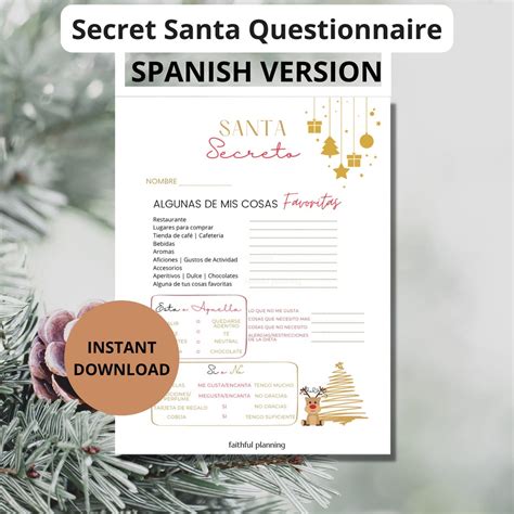 Secret Santa Questionnaire Spanish Version Spanish Christmas Printable