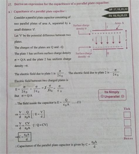 27. Derive an expression for the capacitance of a parallel plate capacito..