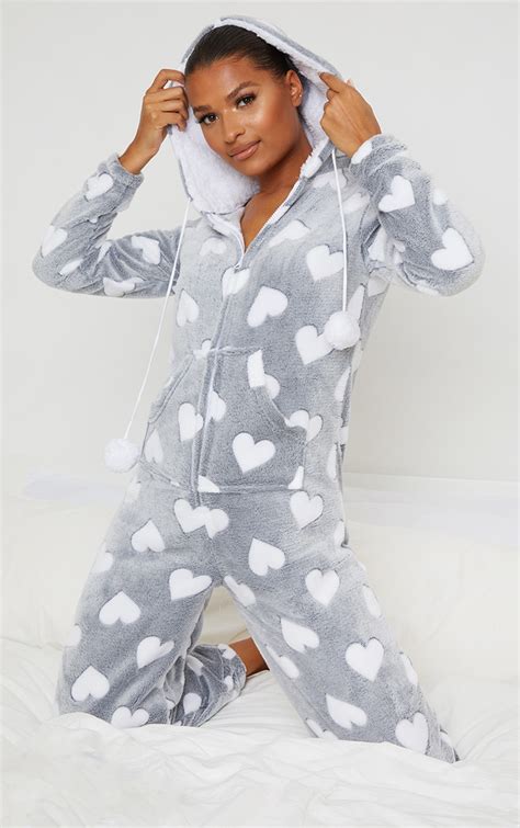 Grey Heart Printed Fleece Hooded Onesie Prettylittlething