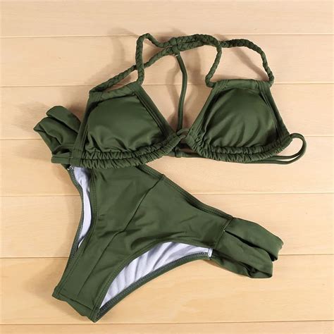 Army Green Bikinis Thong Swimwear Sexy Strappy Swimsuits Women Halter