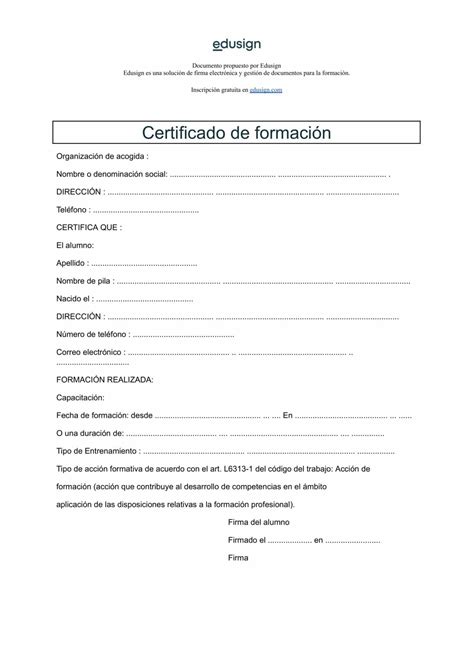 Modelo de certificado de formación Edusign Asistencia automatizada