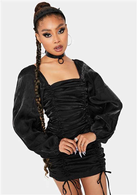 Ruched Satin Puff Sleeve Square Neck Mini Dress Black Dolls Kill