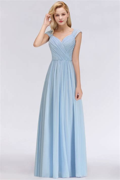 V Neck Chiffon Aline Bridesmaid Dress Sky Blue Floor Length Evening