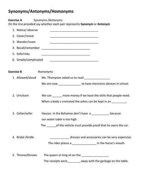 Synonyms Antonyms Homonyms Worksheet Live Worksheets Worksheets Library