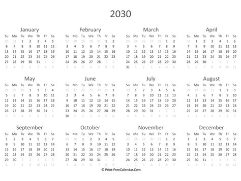 2030 Calendar Printable