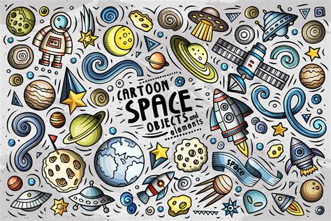 Space Cartoon Objects Set on Yellow Images Creative Store