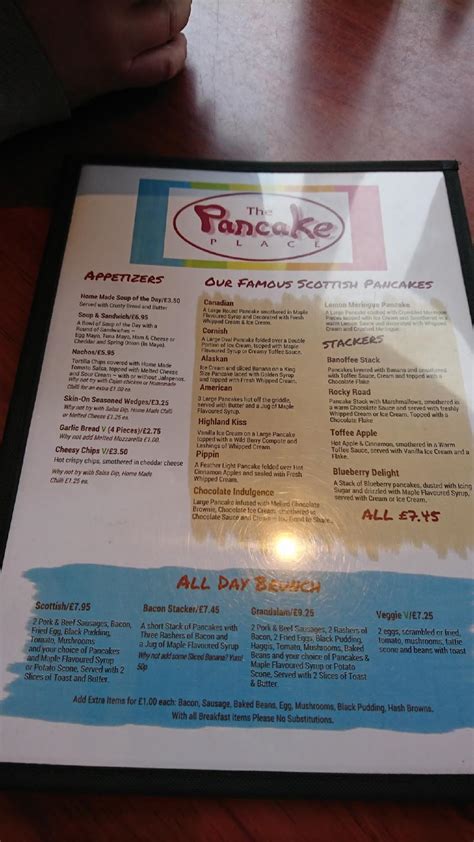 Menu at The Pancake Place cafe, Dunfermline