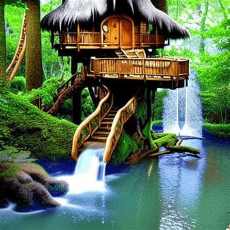 Fantasy Treehouse And Magical Waterfalls Graphic · Creative Fabrica