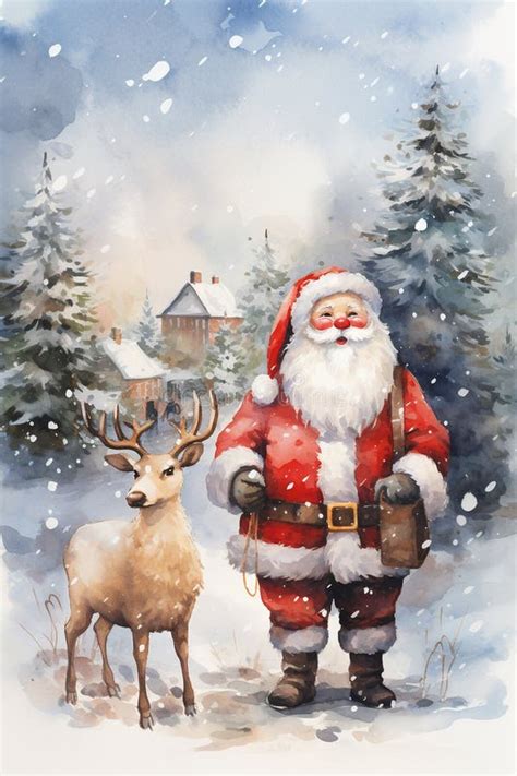 Santa Claus With Deer Against Christmas Background Watercolor Illustration For Card Design