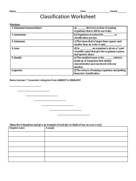 Classification Worksheet Pdf Genus Taxonomy Biology