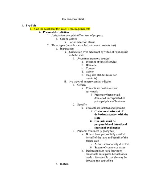 Civ Pro Cheat Sheet Summary Civil Procedure I Civ Pro Cheat Sheet