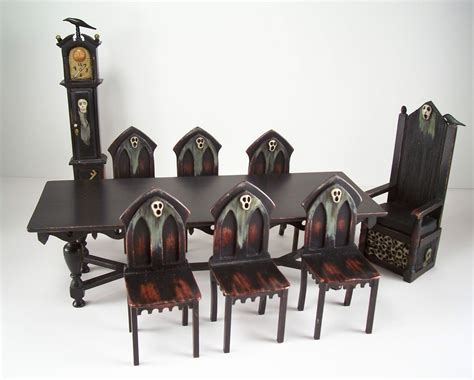 Ooak Miniature Dollhouse Spooky Gothic Medieval Table And 6 Chairs And 2