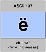 ASCII code letter e with umlaut or diaeresis ; e-umlauts, American Standard Code for Information ...