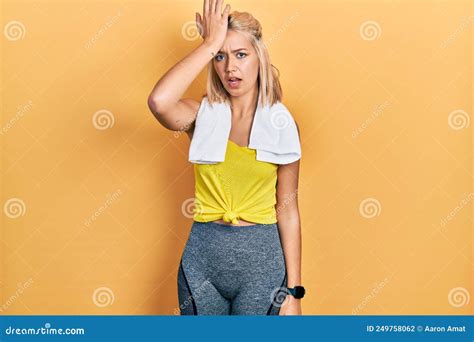 Beautiful Blonde Sports Woman Wearing Workout Outfit Surprised With