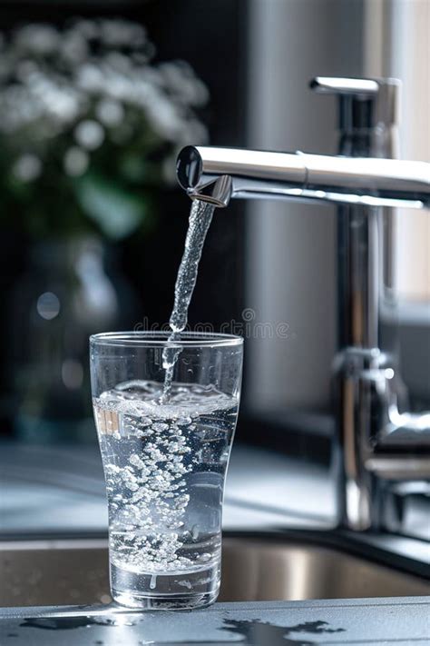 Clean Water From The Tap Flows Into The Glass Stock Photo Image Of