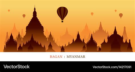 Bagan myanmar landmarks silhouette sunrise Vector Image