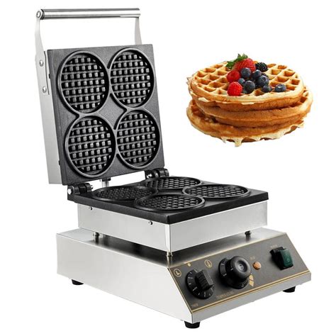 Vevor 1750 Watt Commercial Round Waffle Maker 4 Waffle Stainless Steel Nonstick Electric Muffin