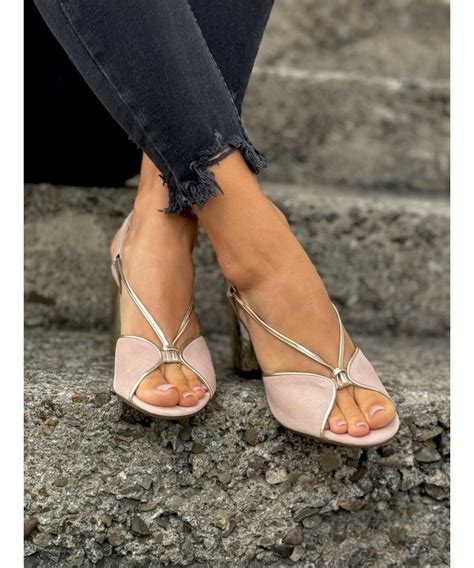 Cudowne sandały na słupku RUSIN LUXE NUDE SUEDE GOLD skóra naturalna