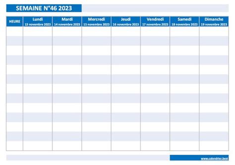 Semaine 46 2023 dates calendrier et planning hebdomadaire à imprimer