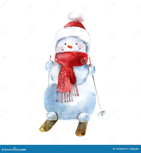 Acuarela Alegre Snowman En Sombrero Y Bufanda Va A Esquiar Imagen De