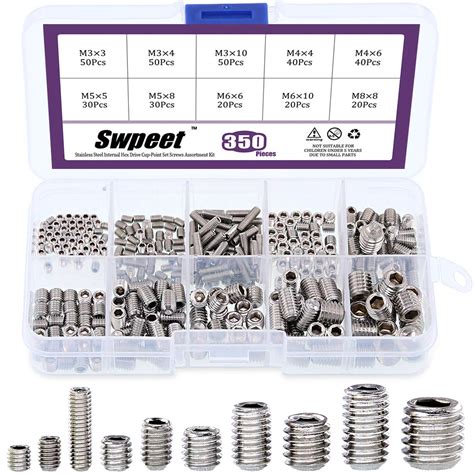 Swpeet 350 Pcs Stainless Steel Allen Head Socket Hex Grub Screw Assortment Kit Including 10