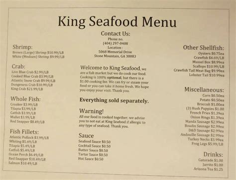 Menu at King Seafood Market restaurant, Pine Lake, Memorial Dr