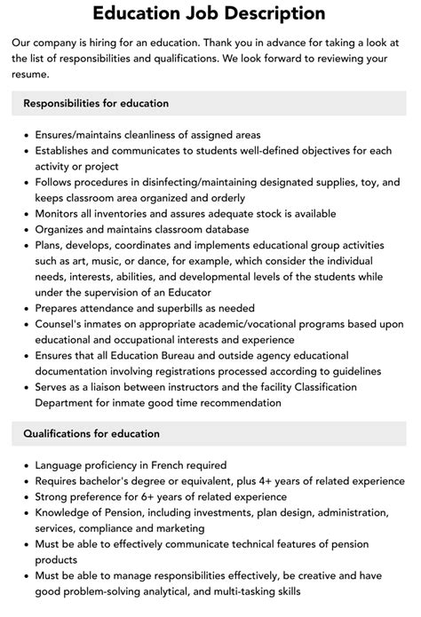 Education Job Description Velvet Jobs