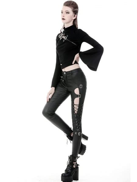 Dark In Love Black Gothic Punk Sexy Asymmetrical Pu Leather Trousers