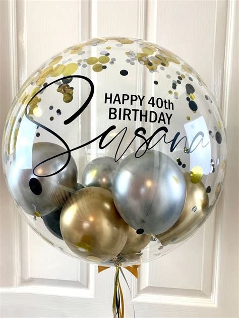 Personalised Silver Black And Gold Confetti Balloon Helium Inflated