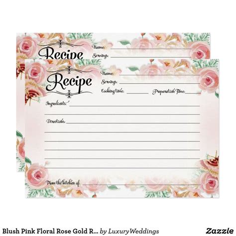 Blush Pink Floral Rose Gold Recipe Bridal Shower Invitation Zazzle