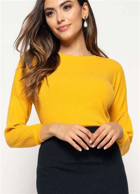 Blusa Morcego Gola Canoa Manga Longa Canelada Fashion Amarelo